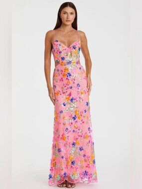 Mac Duggal Pink Embellished Lace Strappy Column Gown